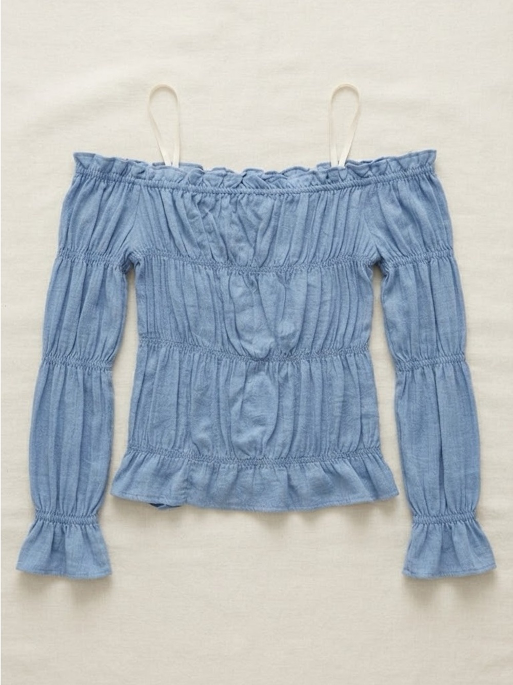 True Destiny Light Blue Off-Shoulder Smocked Ruffle Top